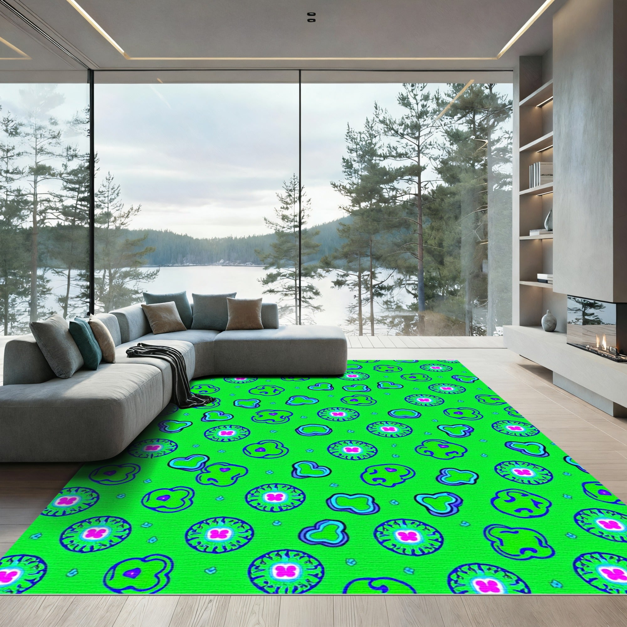 Vibrant Pink Flower Blue Outline Rug