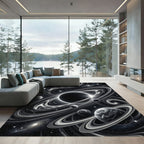 Cosmic Black White Swirling Planets Rug