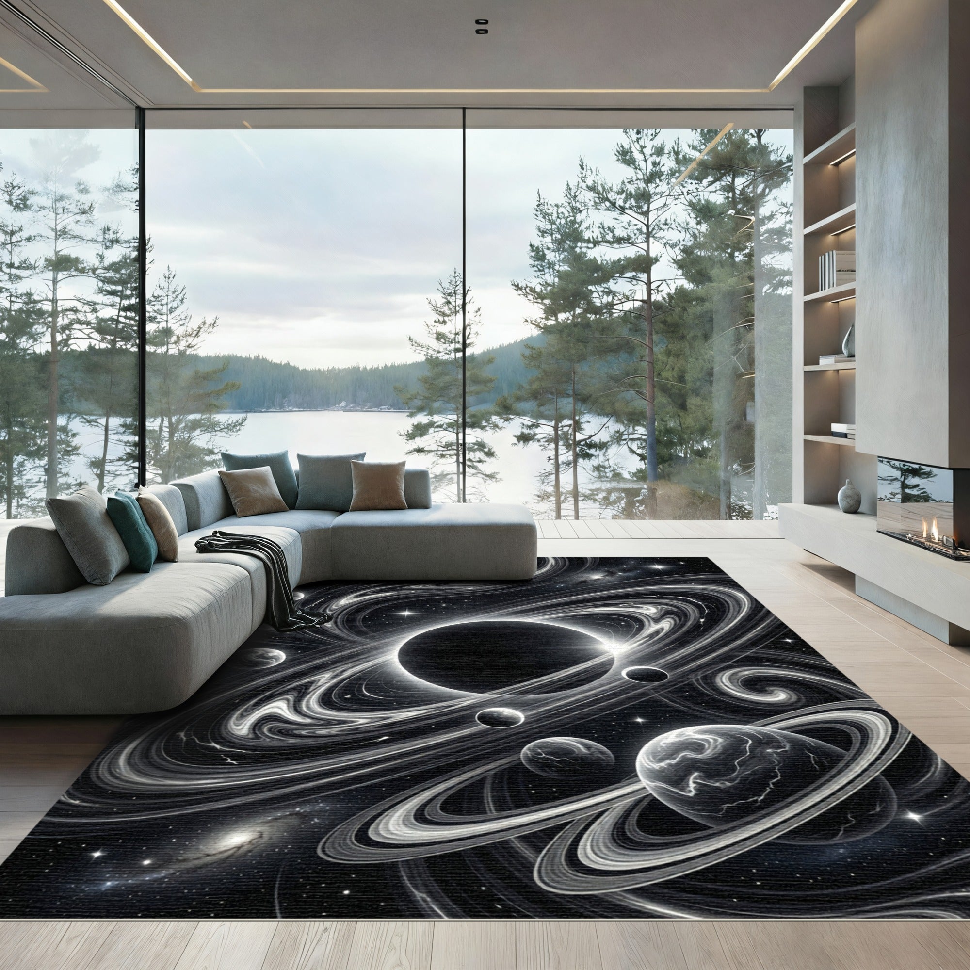 Cosmic Black White Swirling Planets Rug