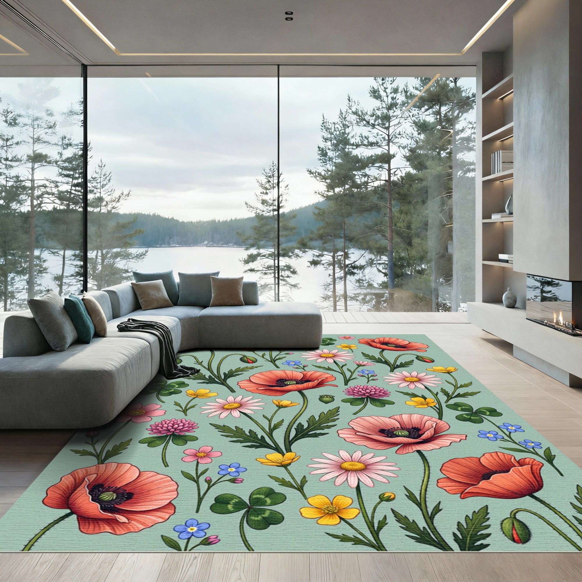 Botanical Poppy Meadow Sage Area Rug
