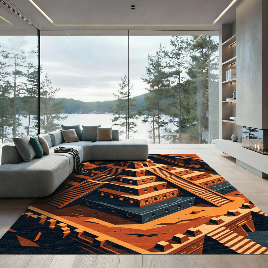 Terracotta Aztec Step Pyramid Geometric Staircase Rug