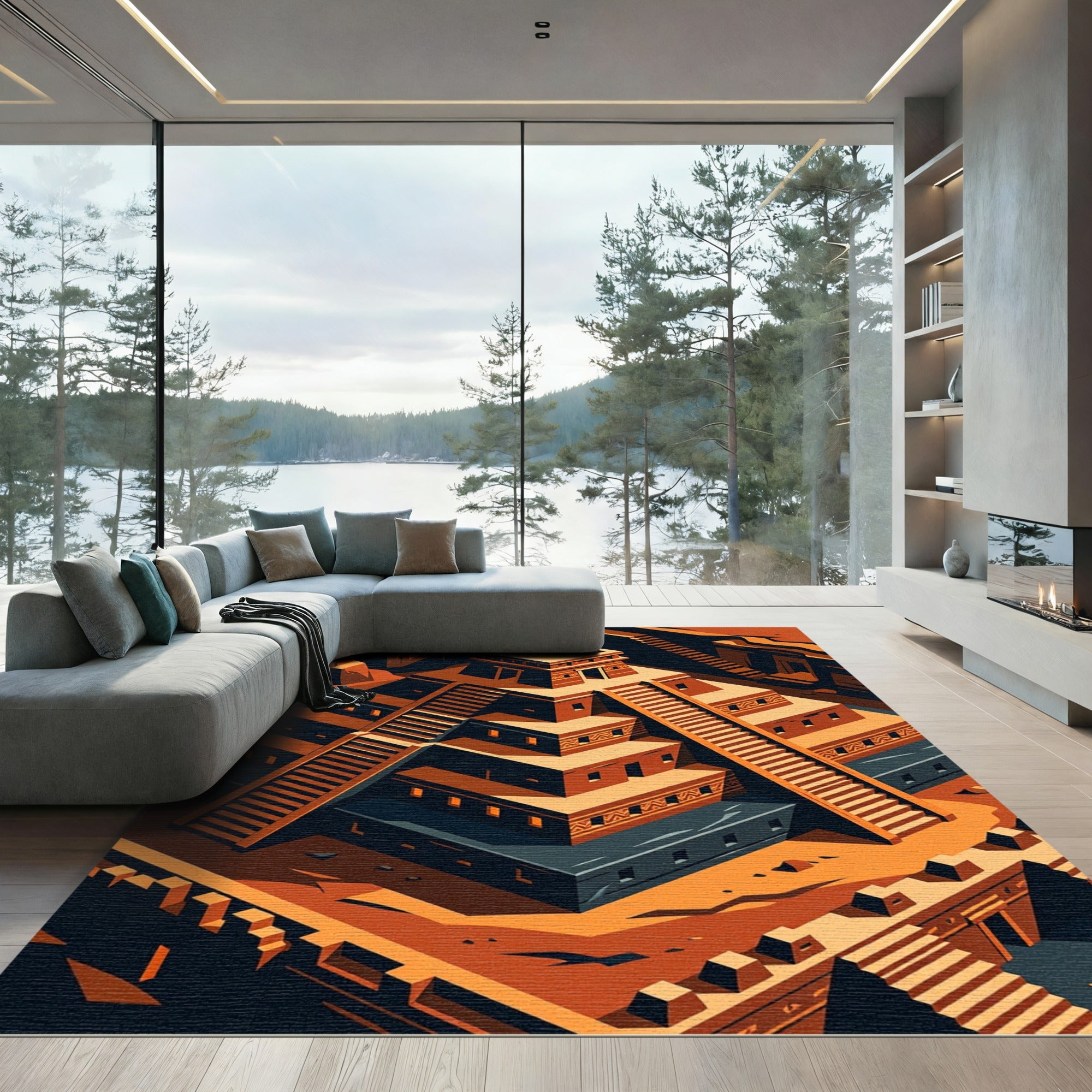 Terracotta Aztec Step Pyramid Geometric Staircase Rug