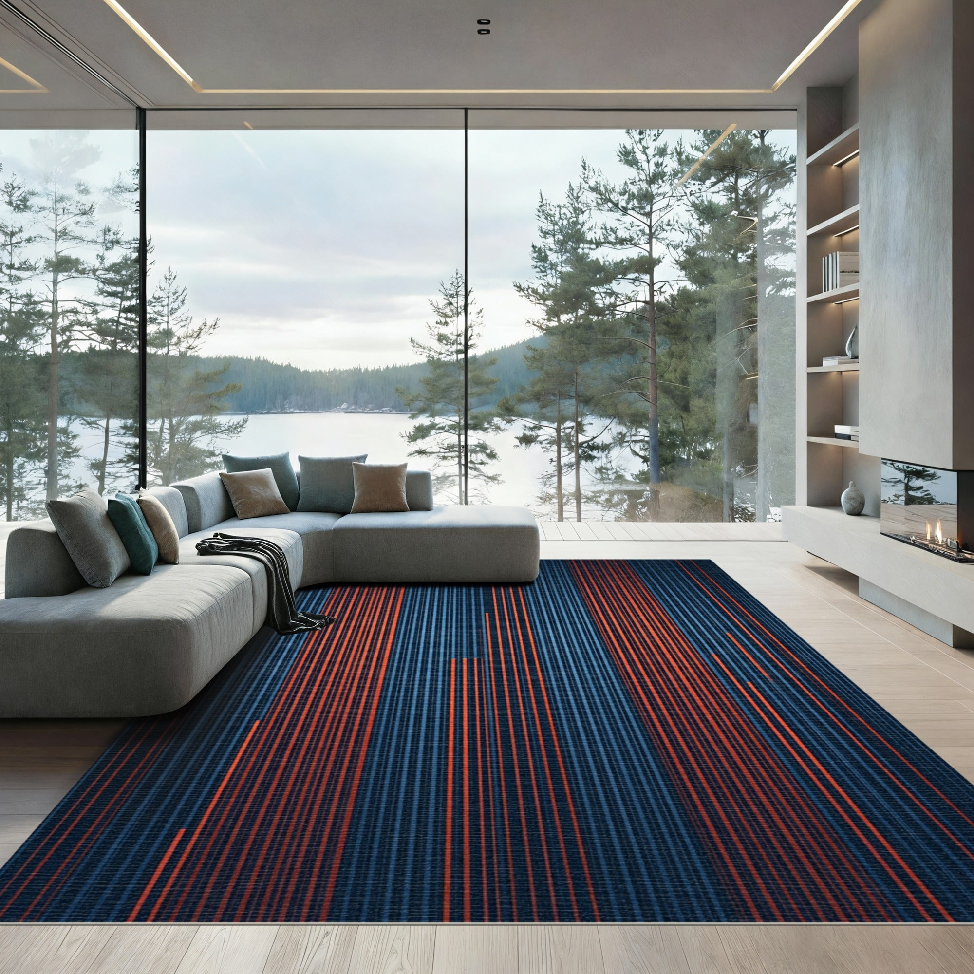 Striking Blue Orange Vertical Lines Rug