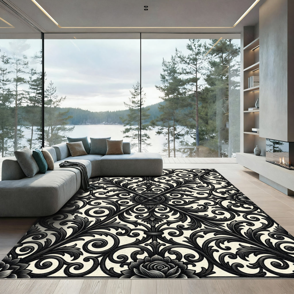 Ornate Black Floral Scrollwork Rug