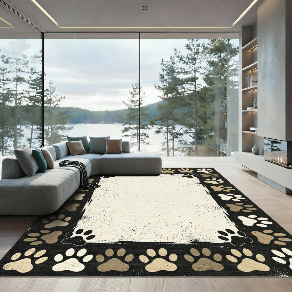Neutral Paw Print Border Area Rug