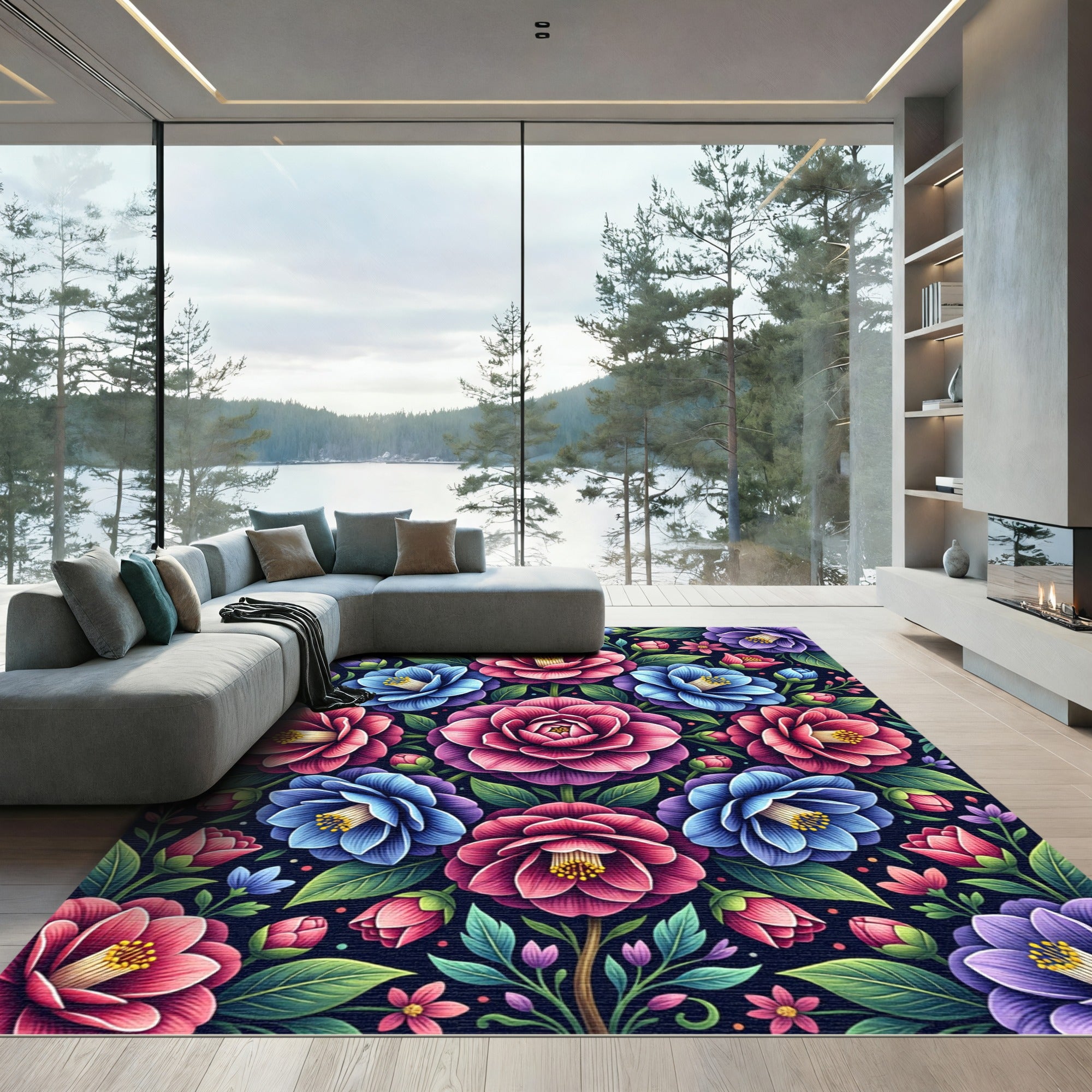 Vibrant Camellia Floral Botanical Bouquet Rug