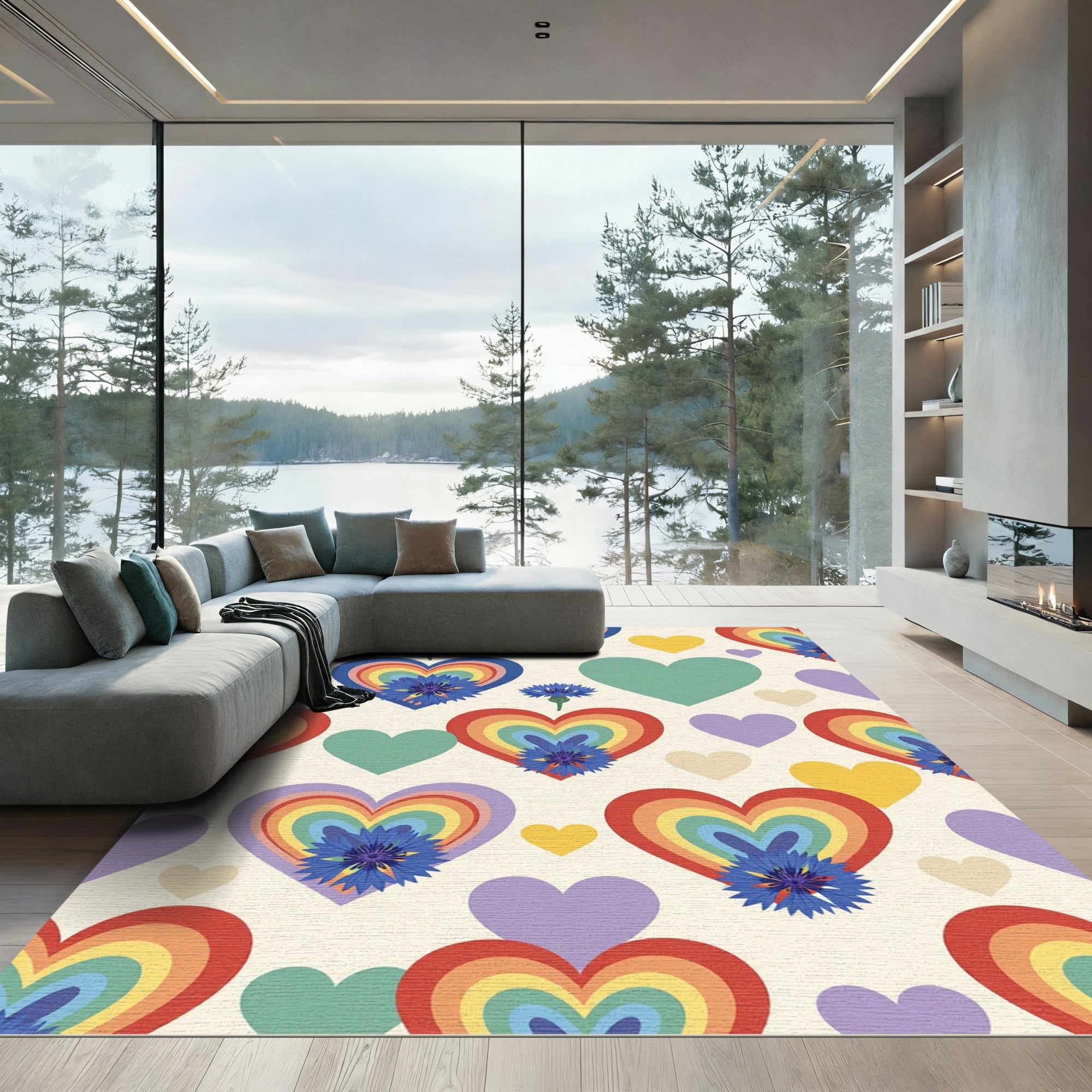 Vibrant Rainbow Heart Cornflower Floral Field Rug