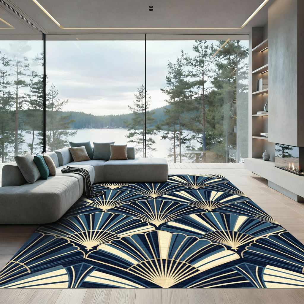 Art Deco Navy Gold Shell Fan Rug