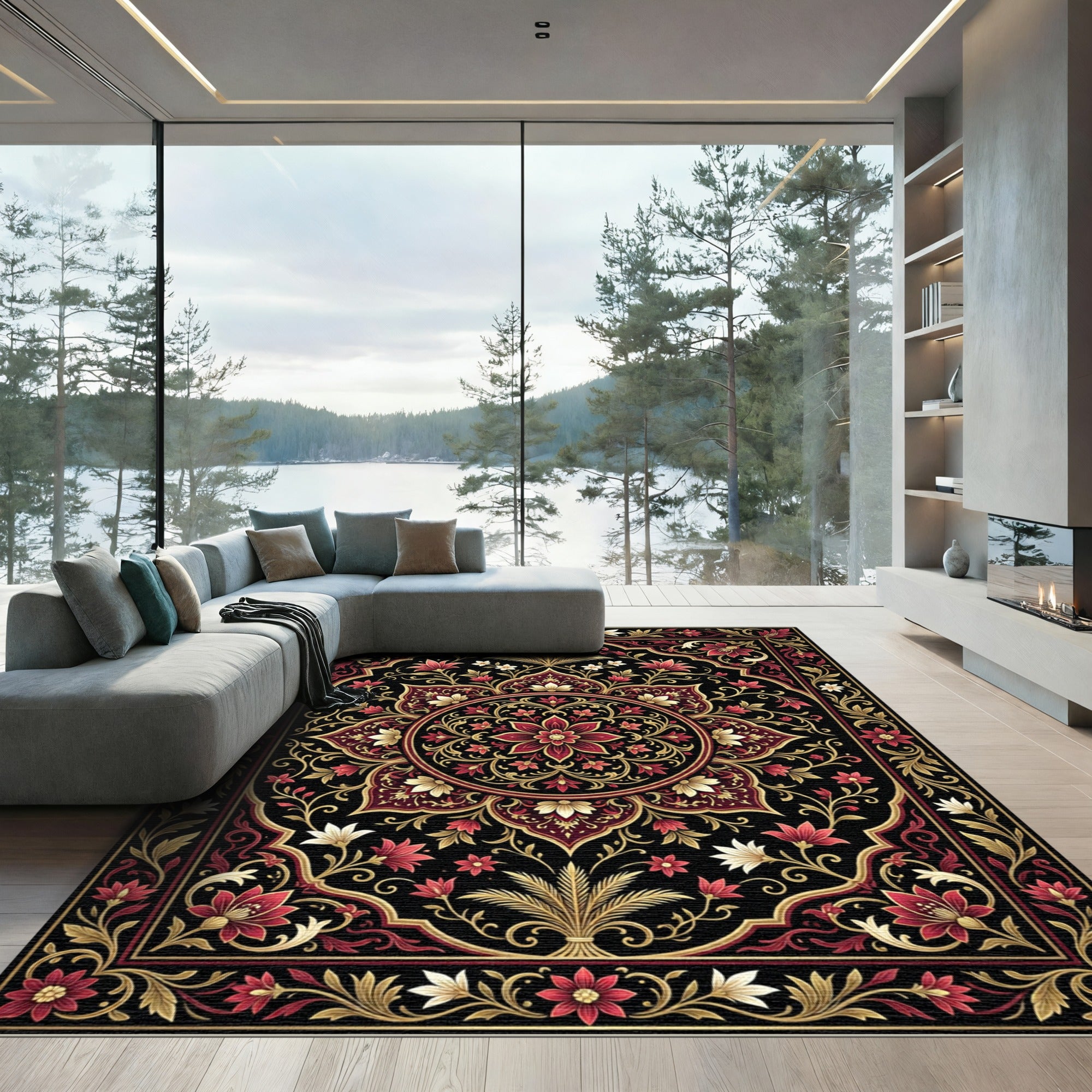 Intricate Crimson Gold Floral Medallion Rug
