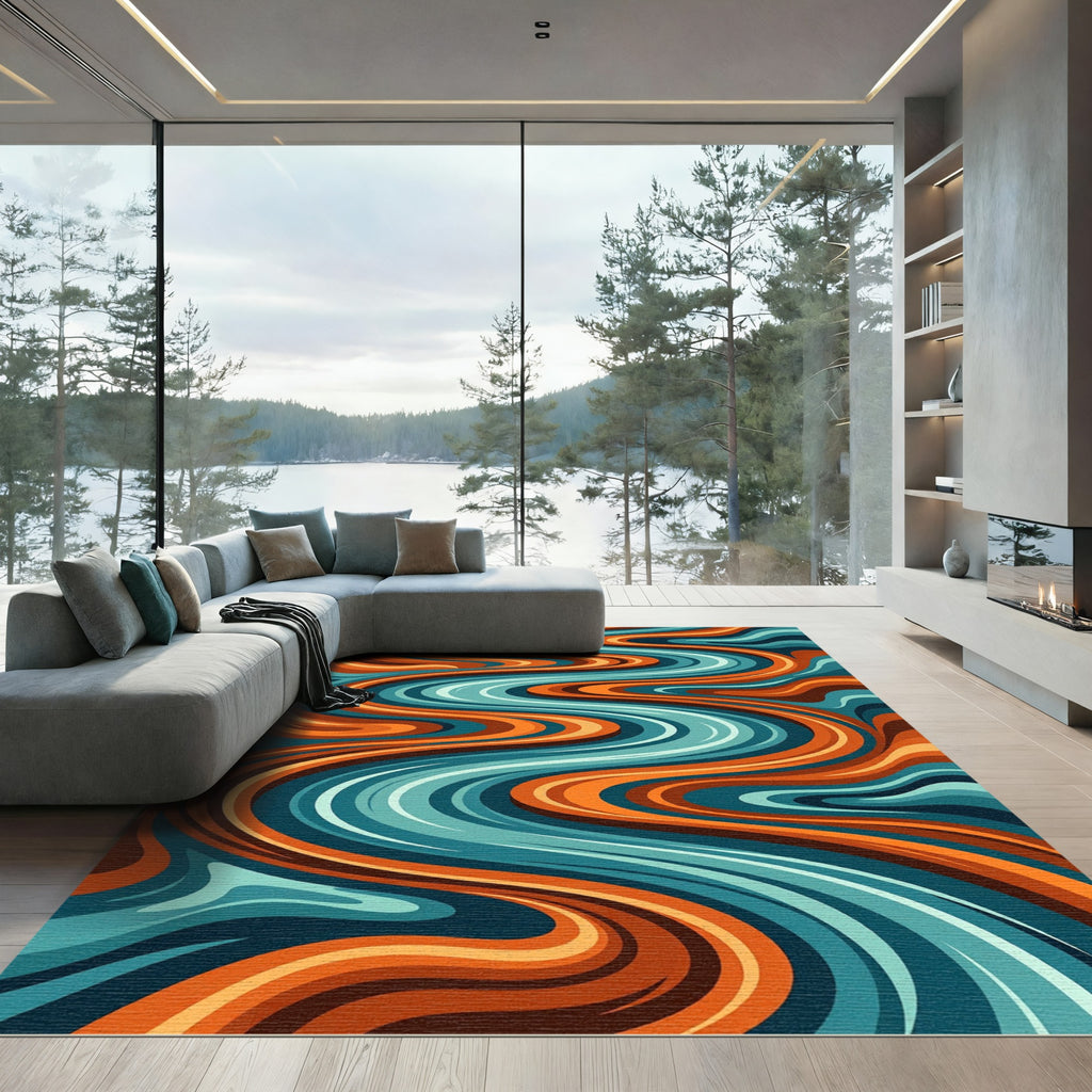 Abstract Liquid Teal and Orange Wave Rug