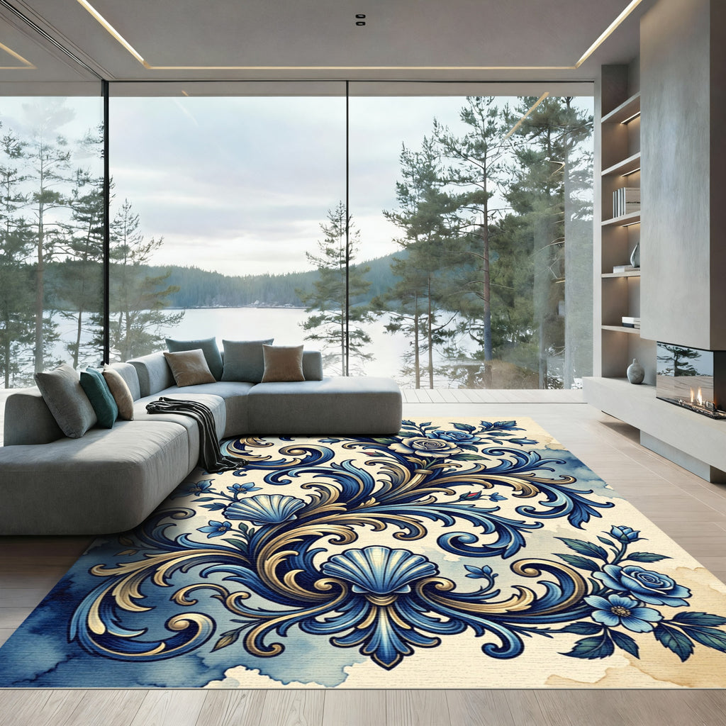 Intricate Blue Floral Shell Scrollwork Rug