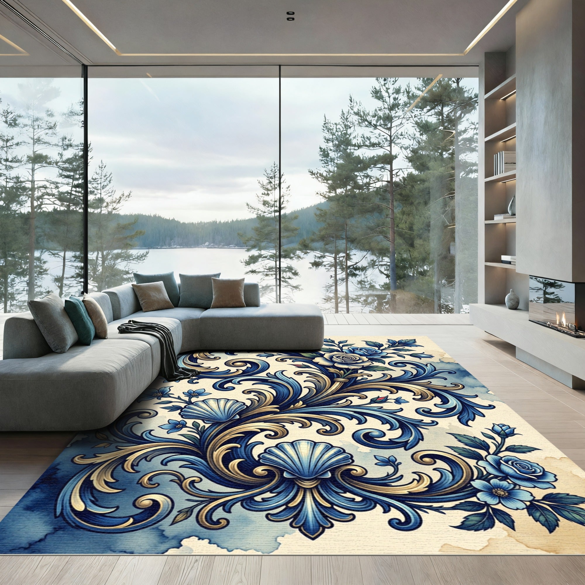 Intricate Blue Floral Shell Scrollwork Rug