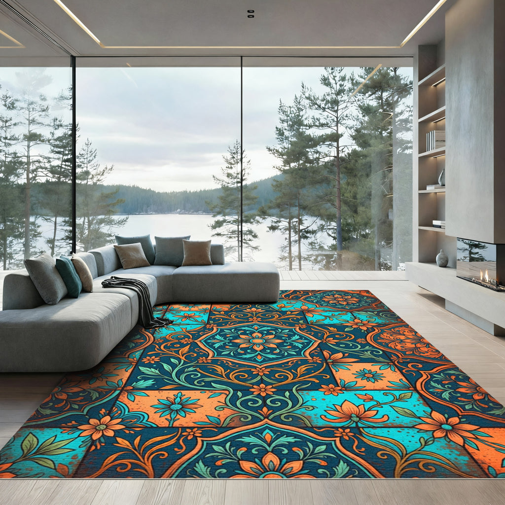 Teal and Orange Floral Tile Medallion Rug