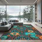Teal and Orange Floral Tile Medallion Rug