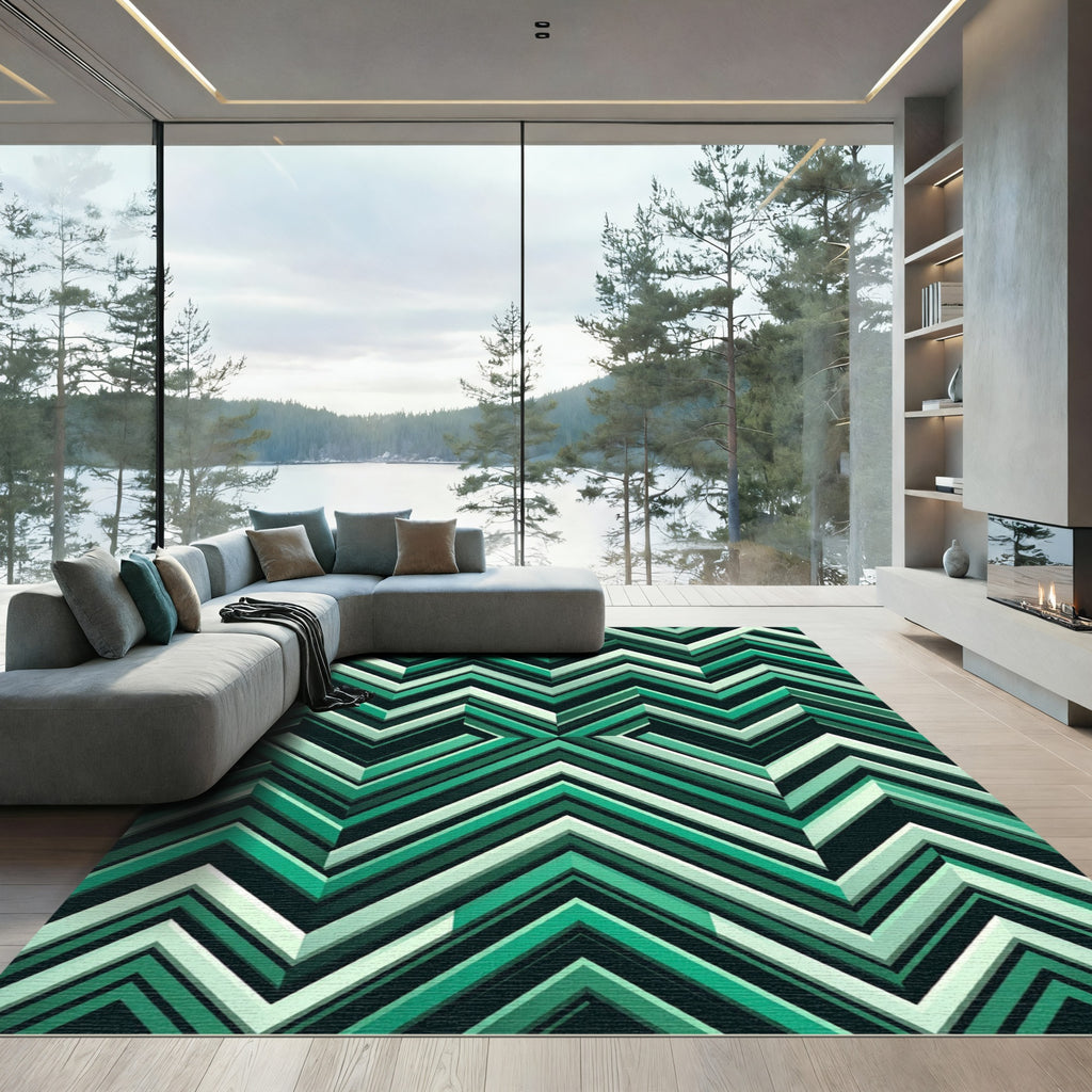 Modern Teal Chevron Geometric Rug