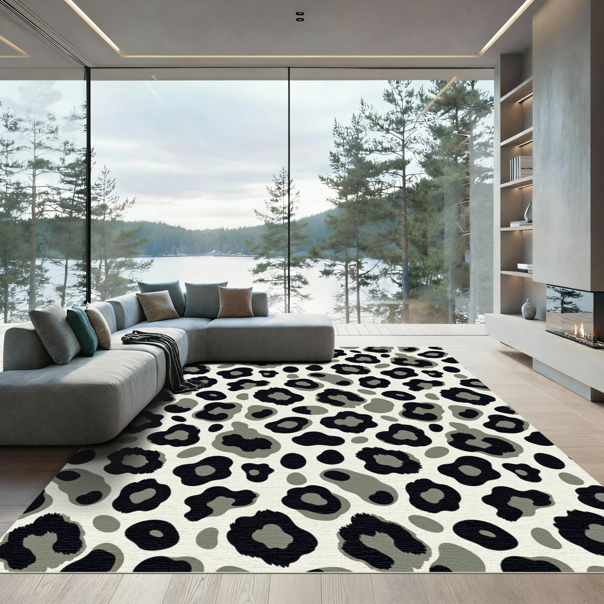 Black Gray Spotted Animal Print Rug