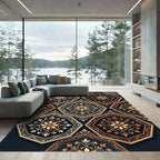 Ornate Octagonal Floral Black Gold Rug