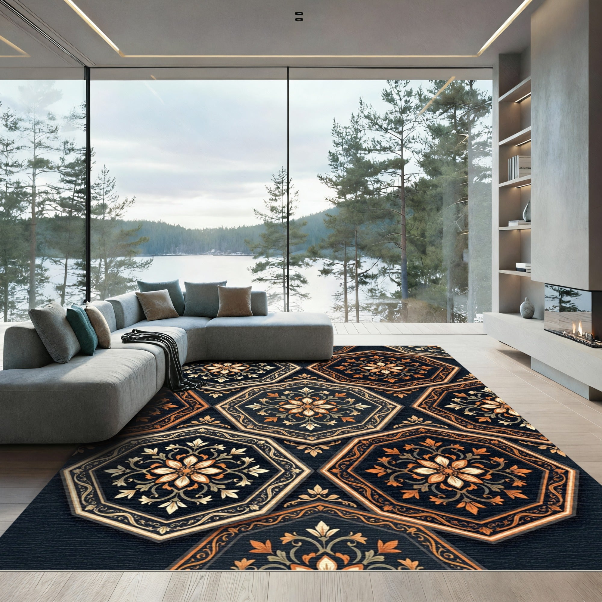 Ornate Octagonal Floral Black Gold Rug