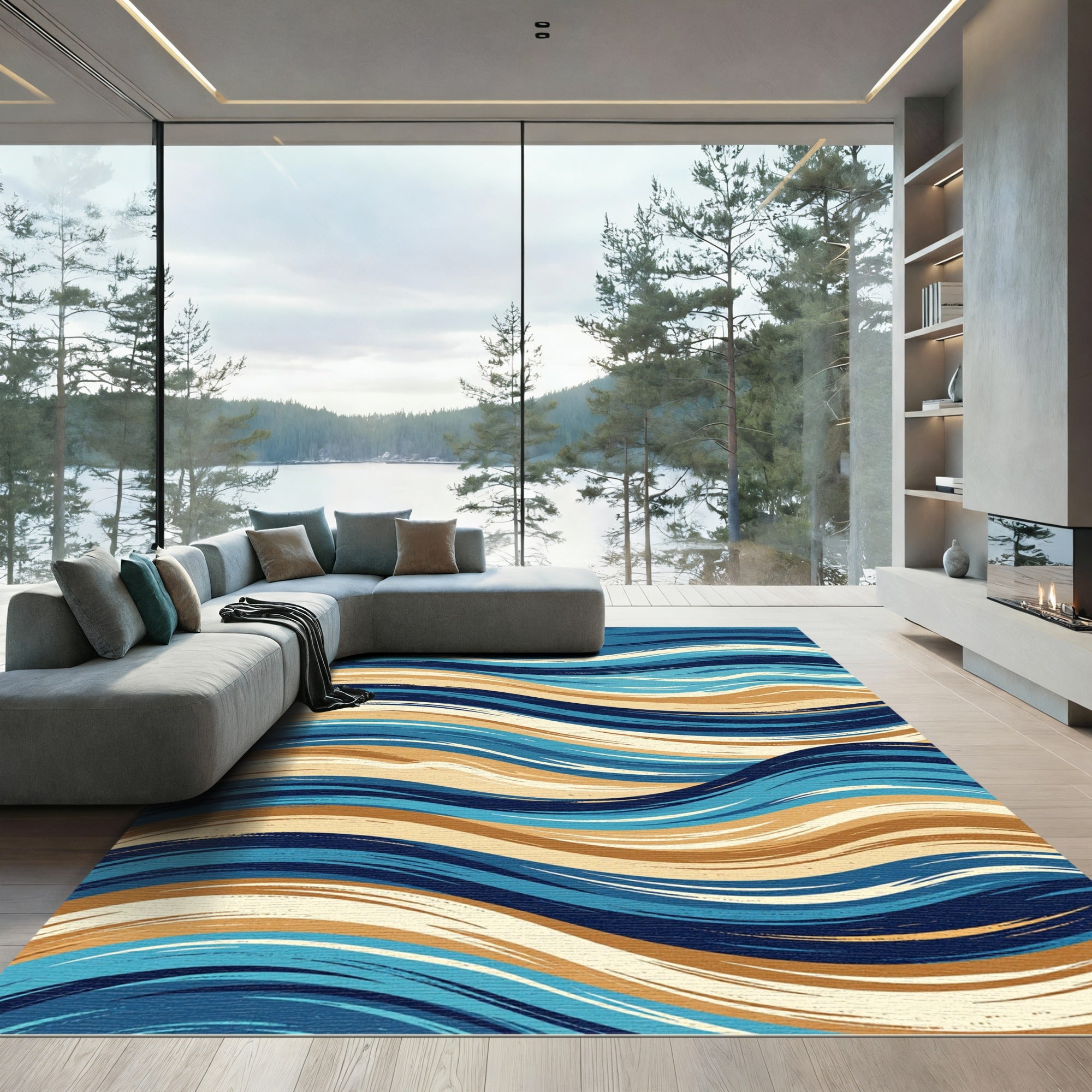 Abstract Blue Tan Wavy Lines Rug
