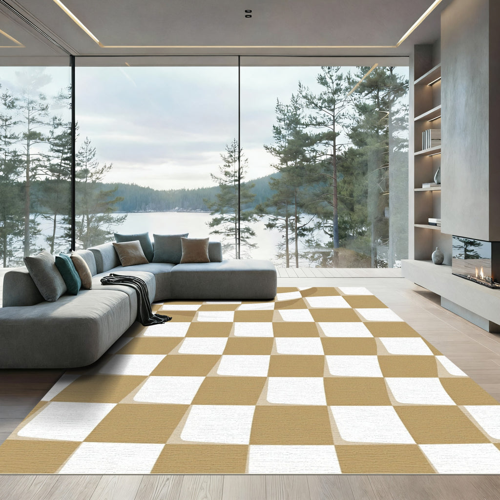 Golden White Woven Checkered Waves Rug