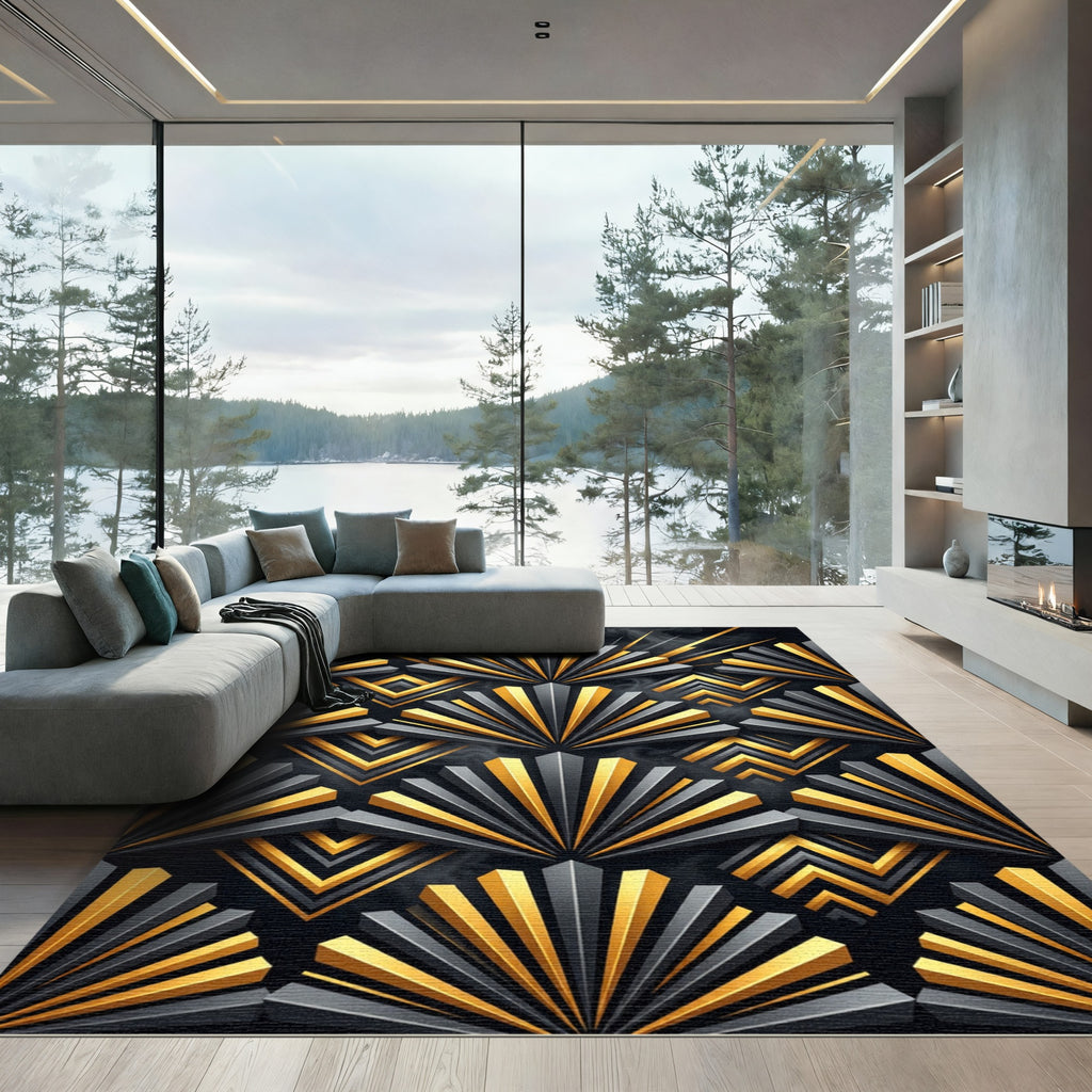Art Deco Gold Black Fan Geometric Rug