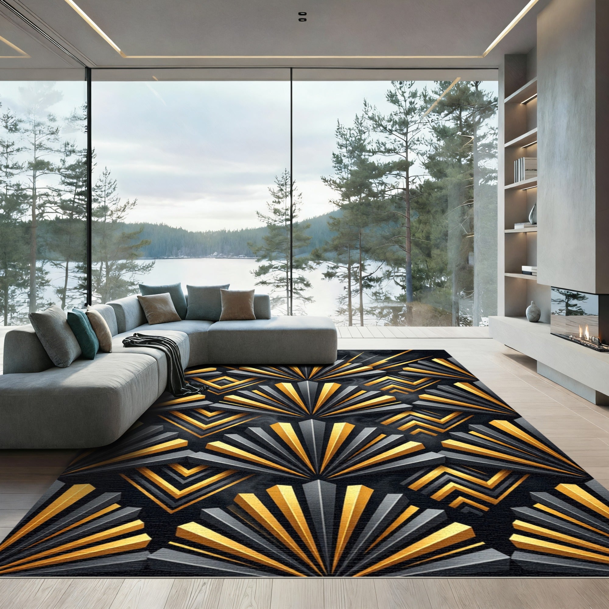 Art Deco Gold Black Fan Geometric Rug