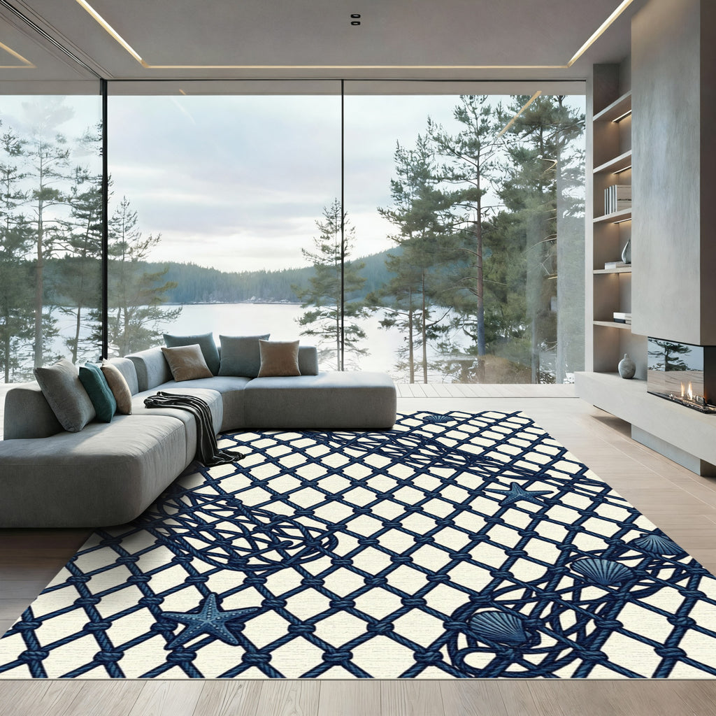 Navy Blue Coastal Net with Starfish and Shells Rug