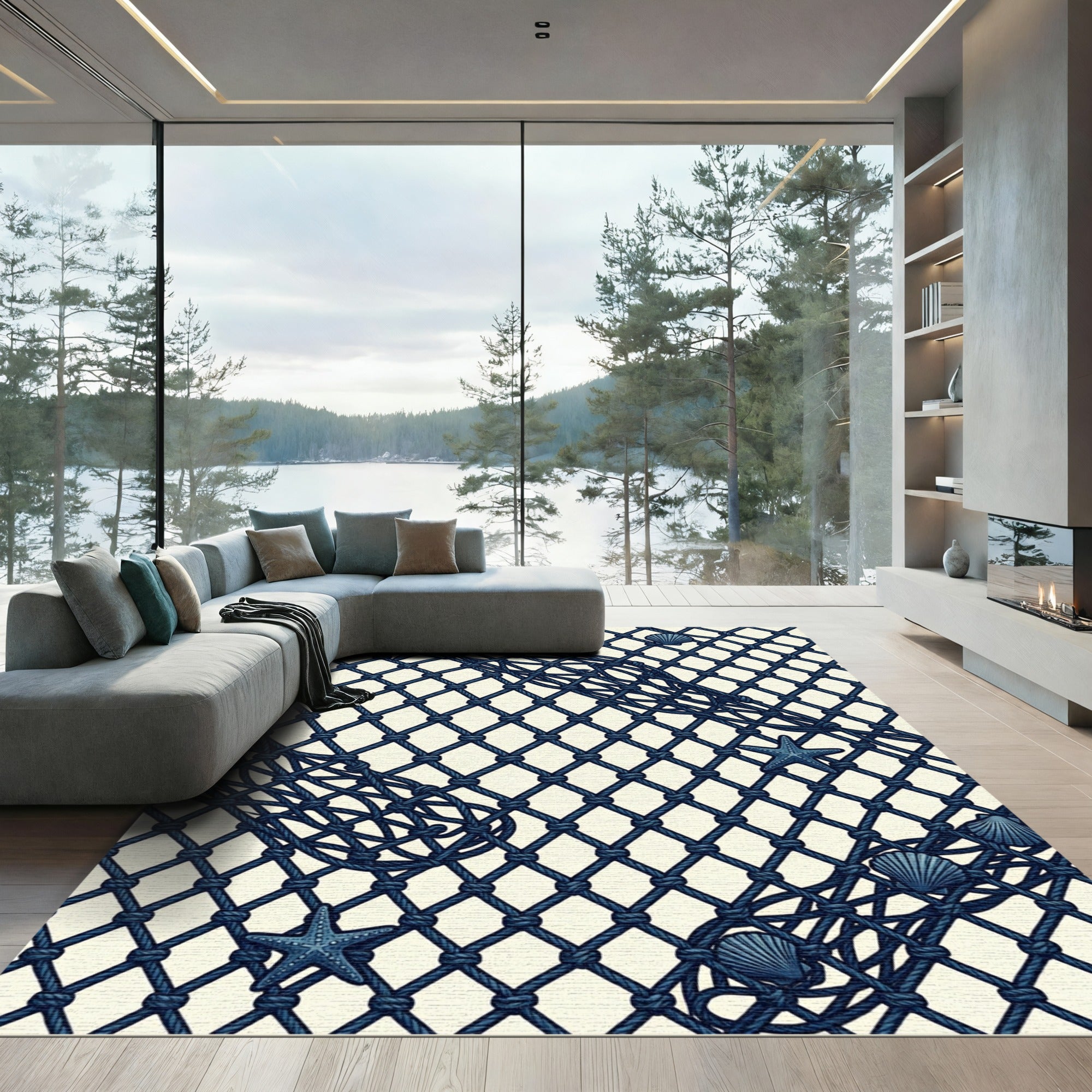 Navy Blue Coastal Net with Starfish and Shells Rug
