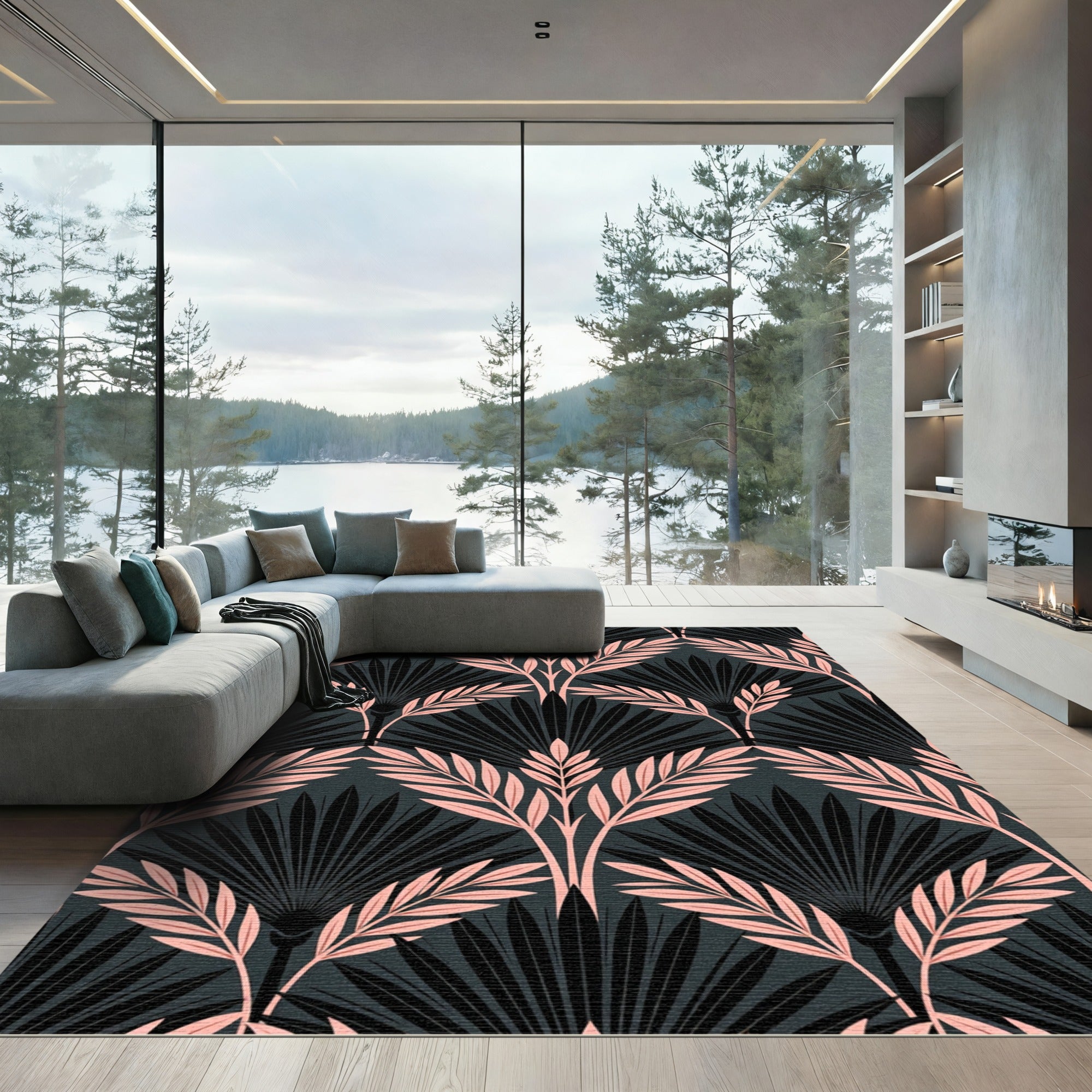 Art Deco Blush Palm Black Foliage Rug