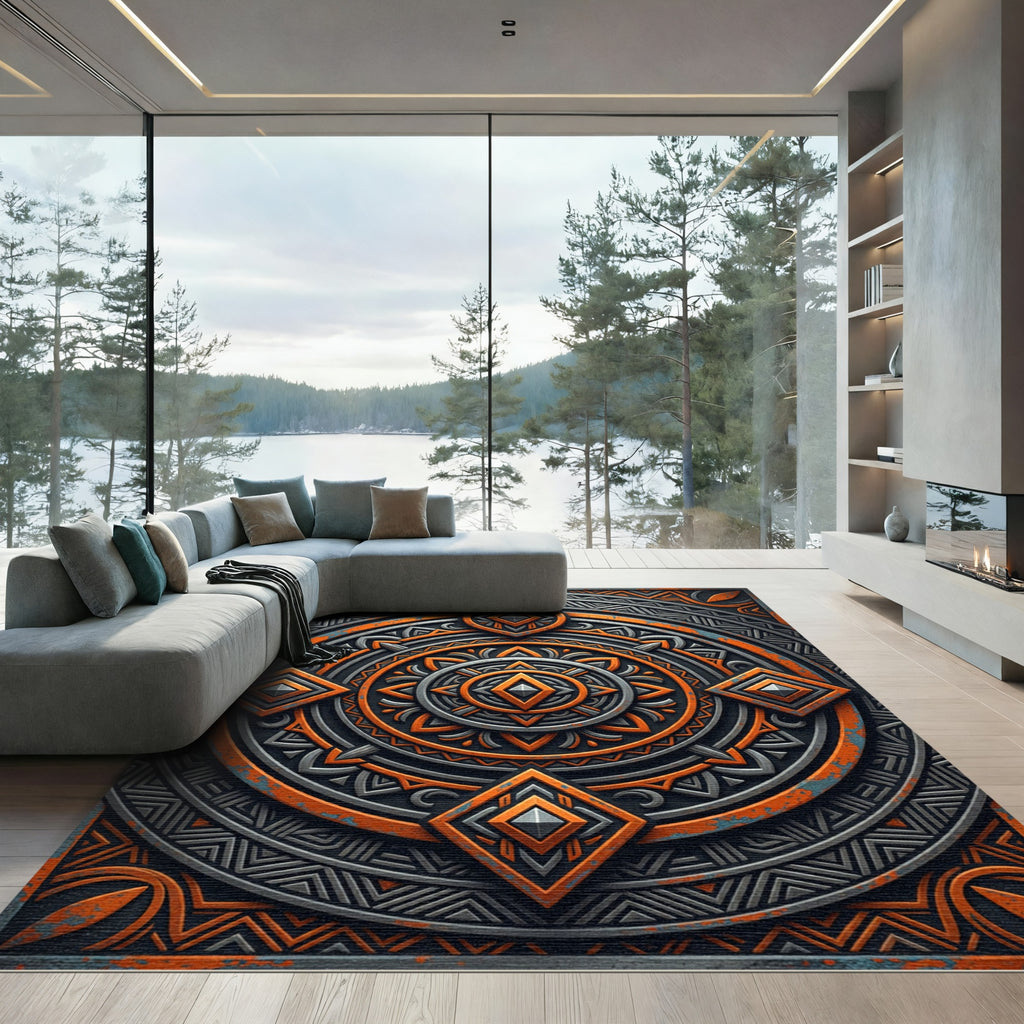 Bold Orange Geometric Sunburst Rug