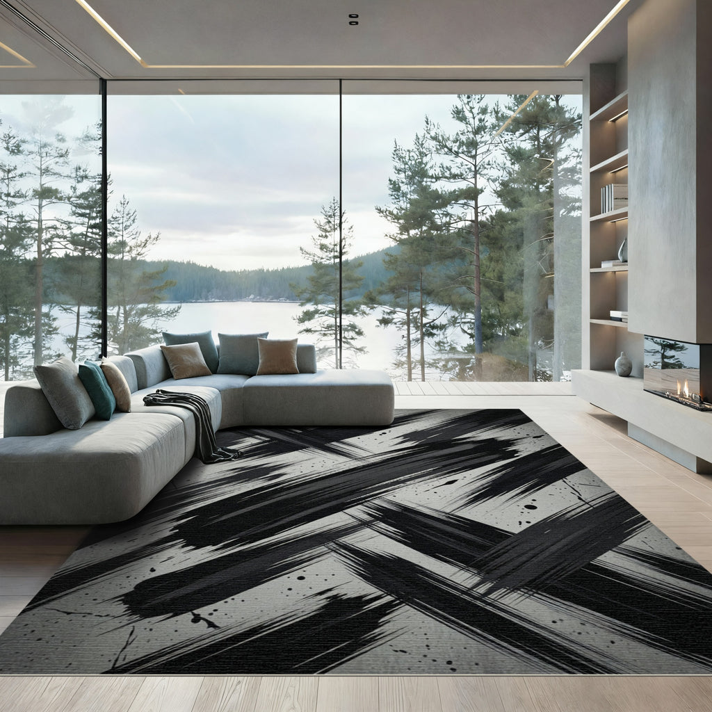 Monochrome Black and White Abstract Brushstroke Rug