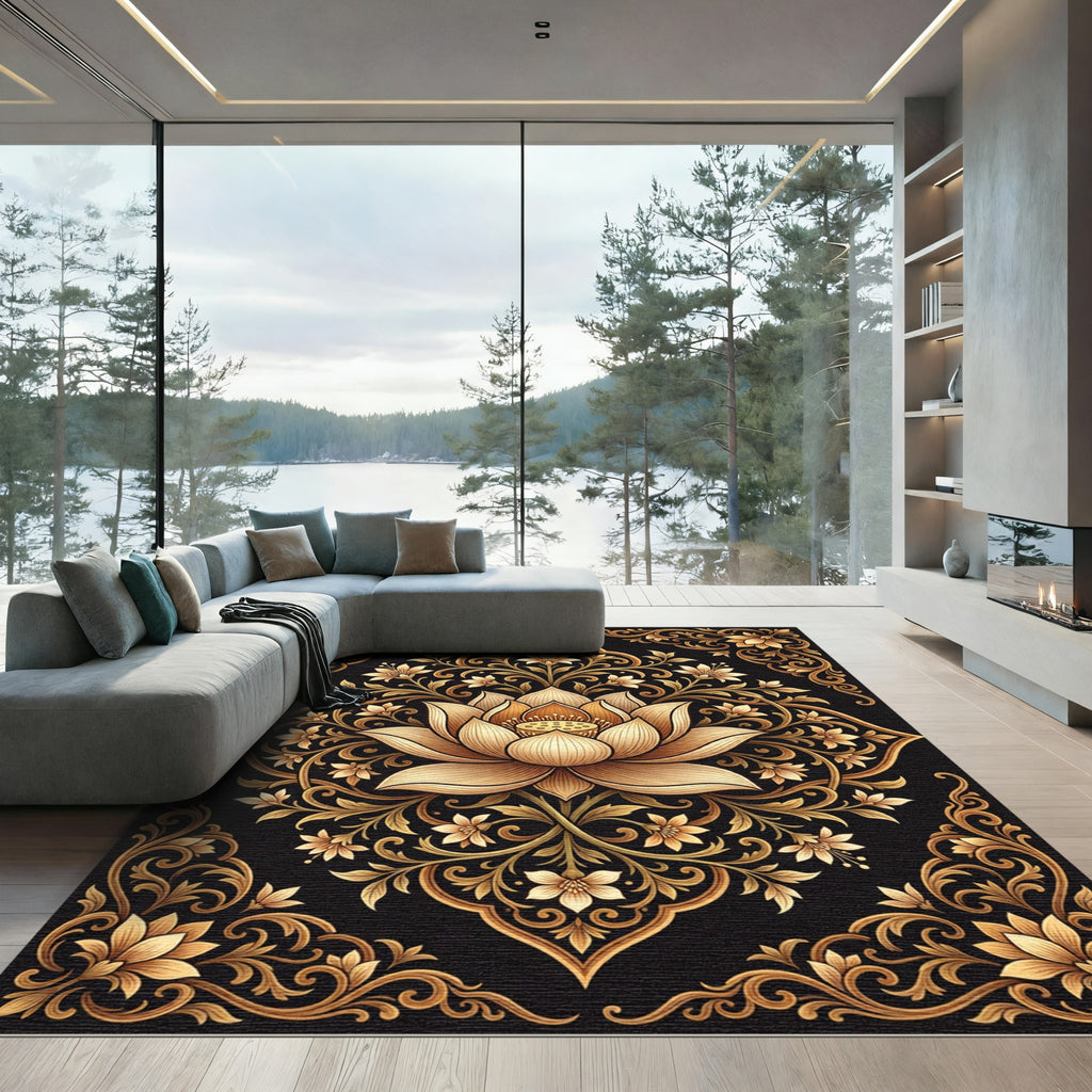 Golden Lotus Floral Detailed Ornament Rug