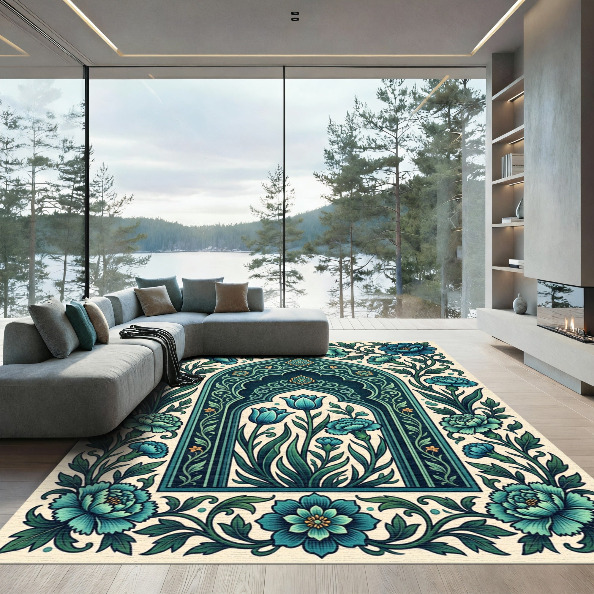Teal Floral Arch Garden Area Rug
