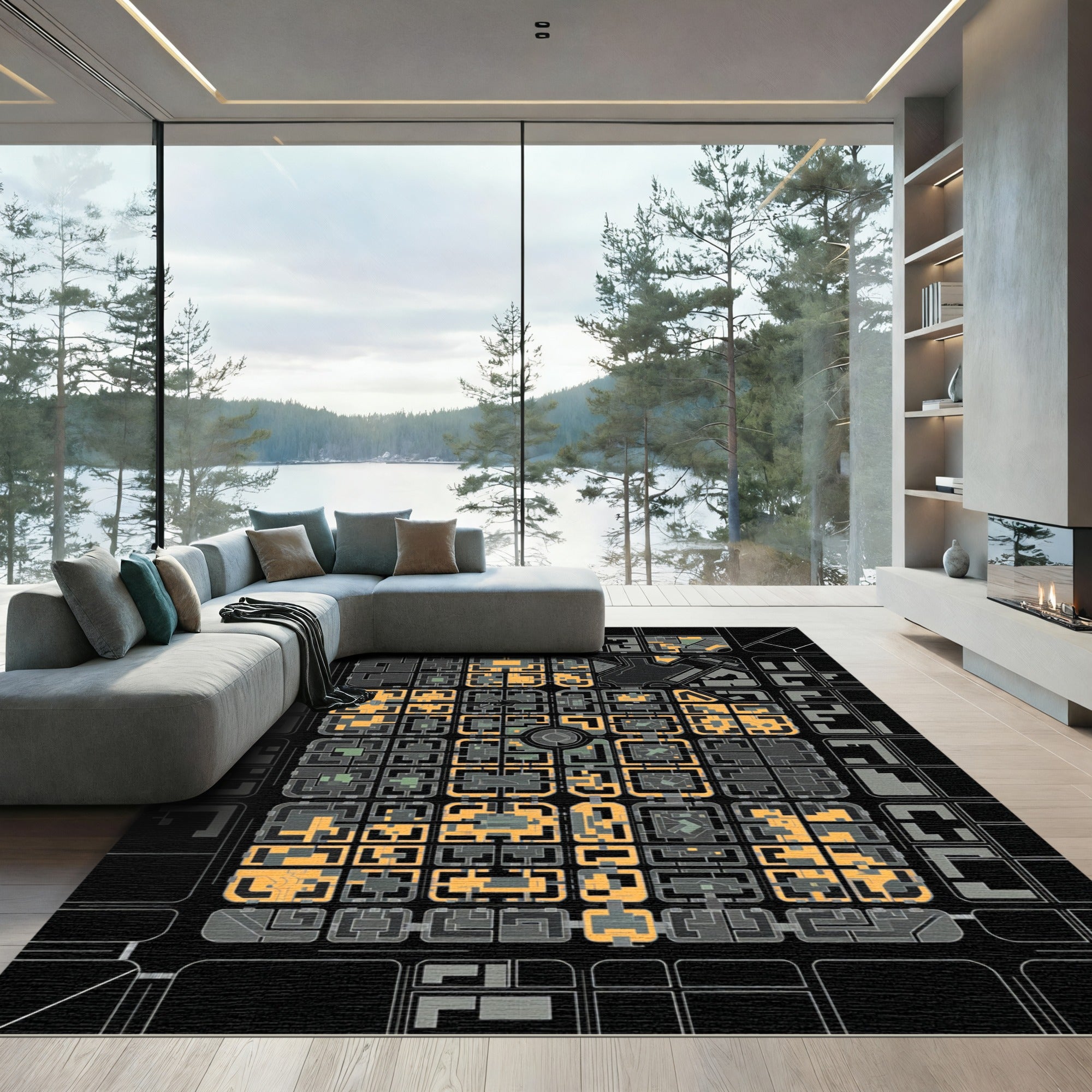Gray Abstract City Buildings Geometric Rug