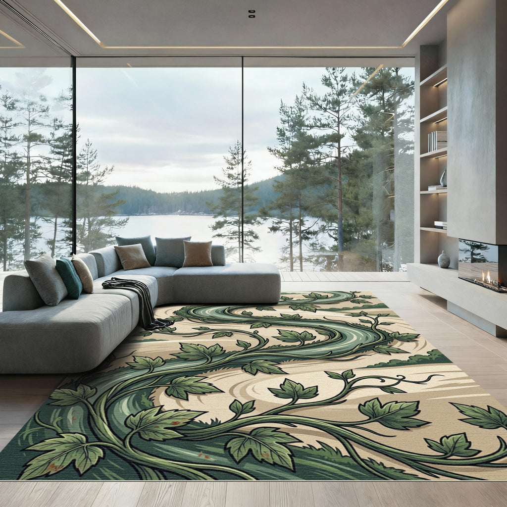 Sage Green Whimsical Botanical Vine Swirl Rug