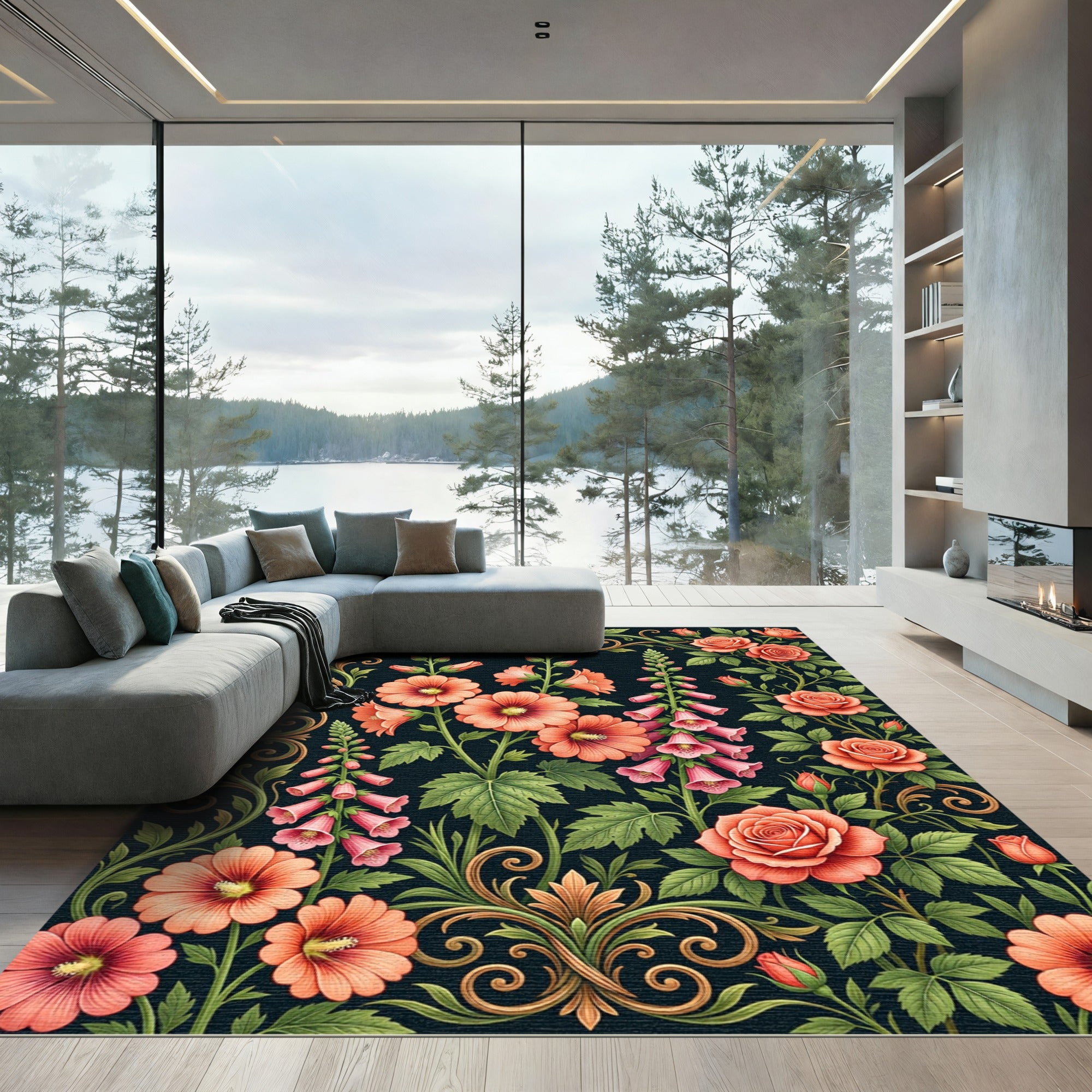 Elegant Peach Floral Garden Scroll Rug