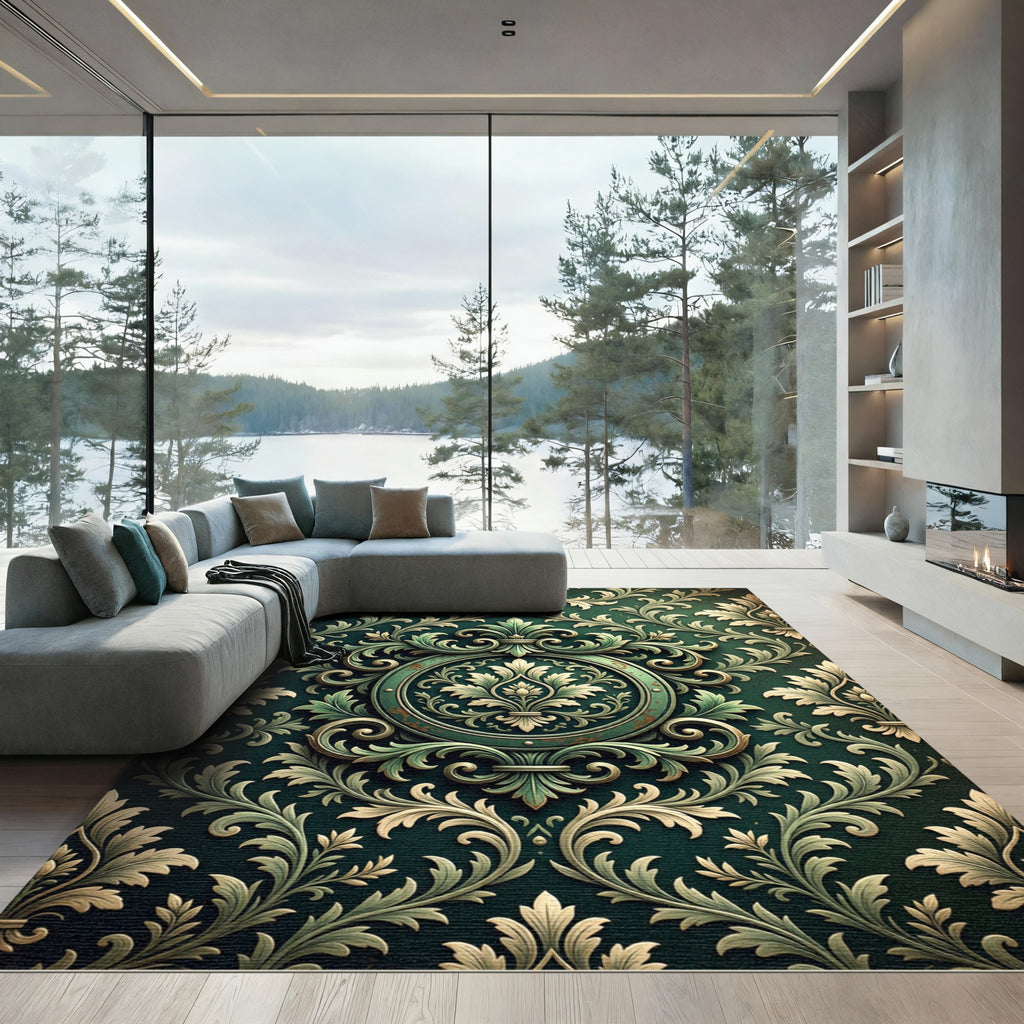 Emerald Ornate Damask Scroll Foliage Rug
