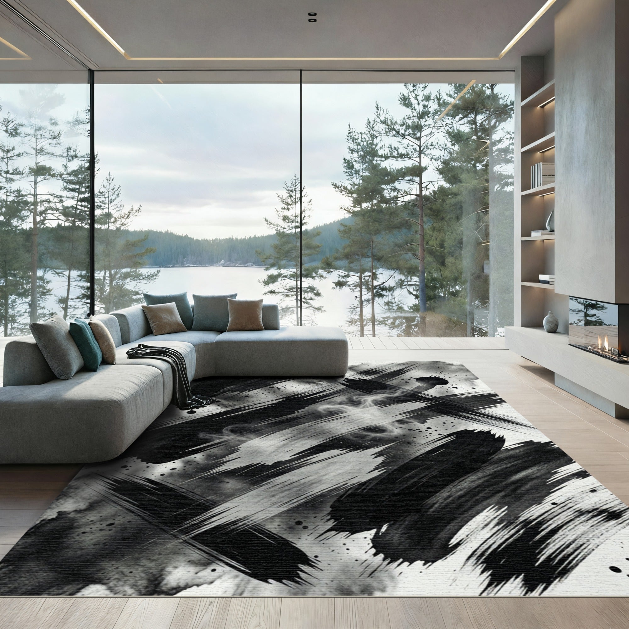 Monochromatic Abstract Charcoal Ink Stroke Rug