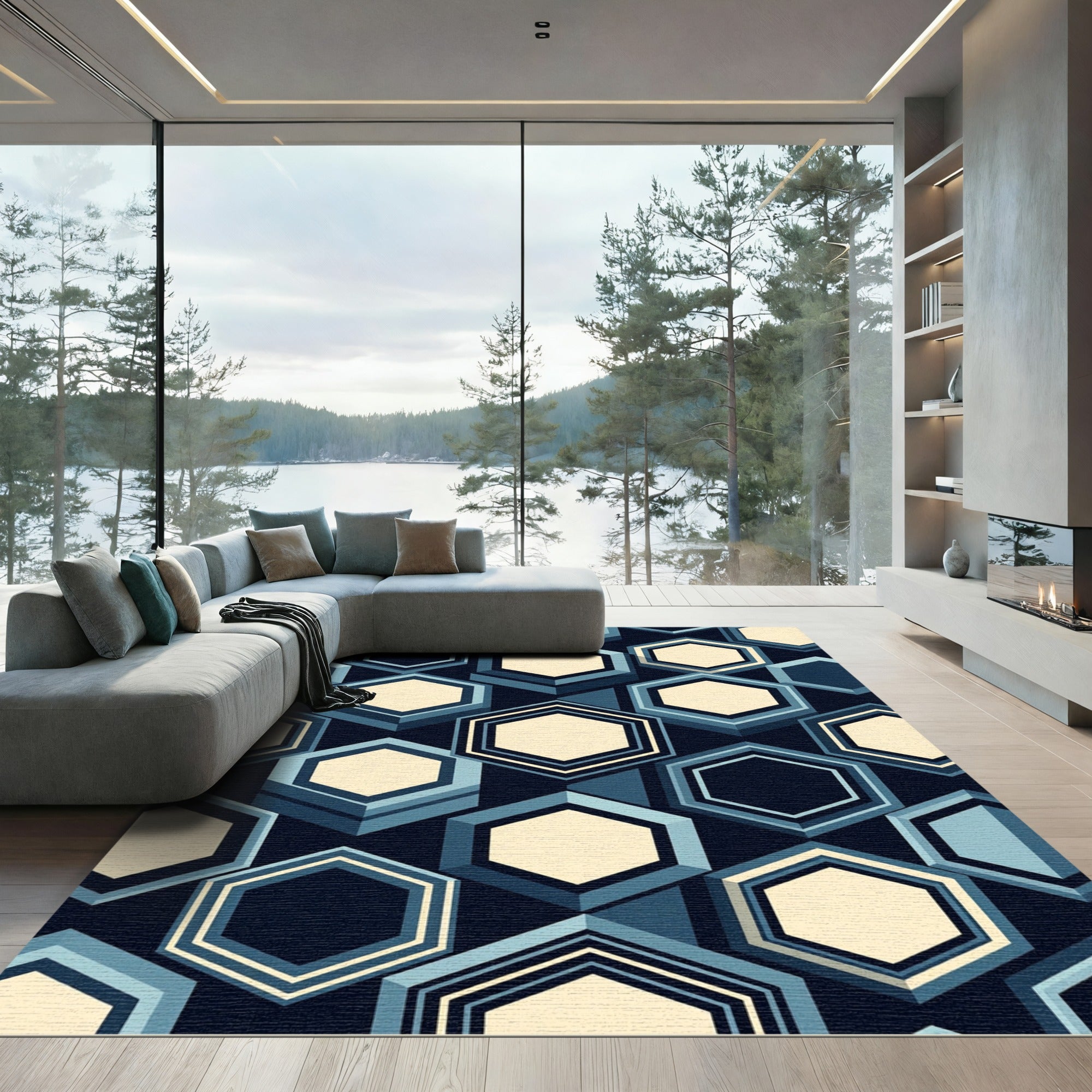 Navy Blue Hexagon Geometric Composition Rug