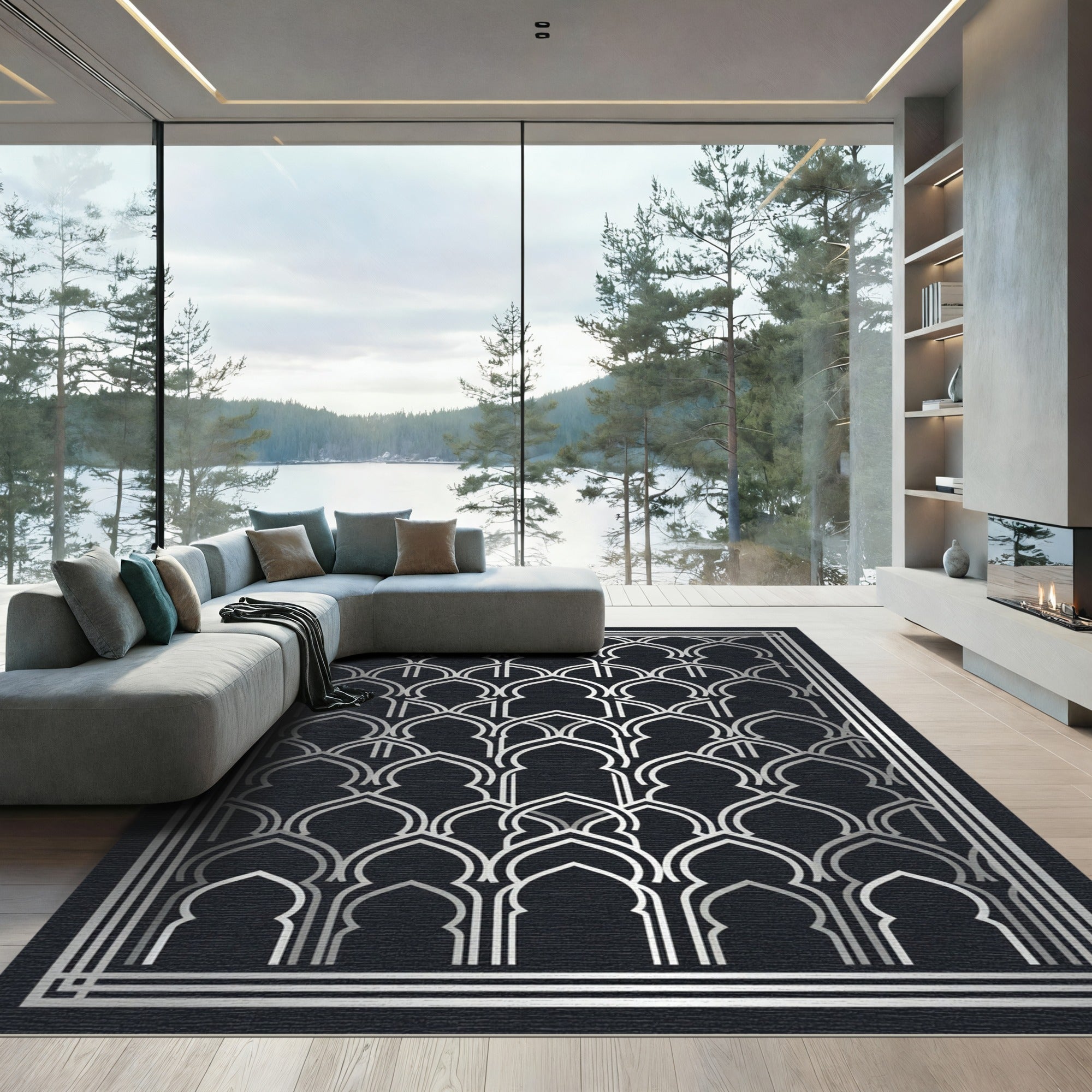 Metallic Silver Geometric Arch Backdrop Rug