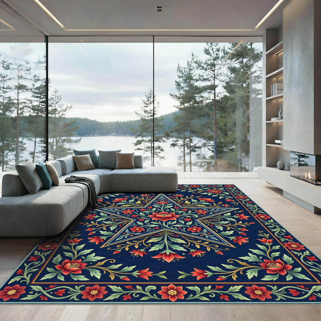 Navy Celestial Star Floral Medallion Rug