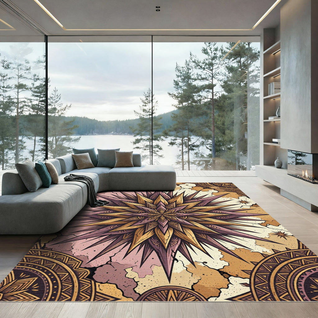 Golden Purple Spiky Starburst Mandala Rug