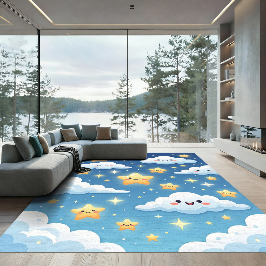 Cute Celestial Stars and Clouds Rug