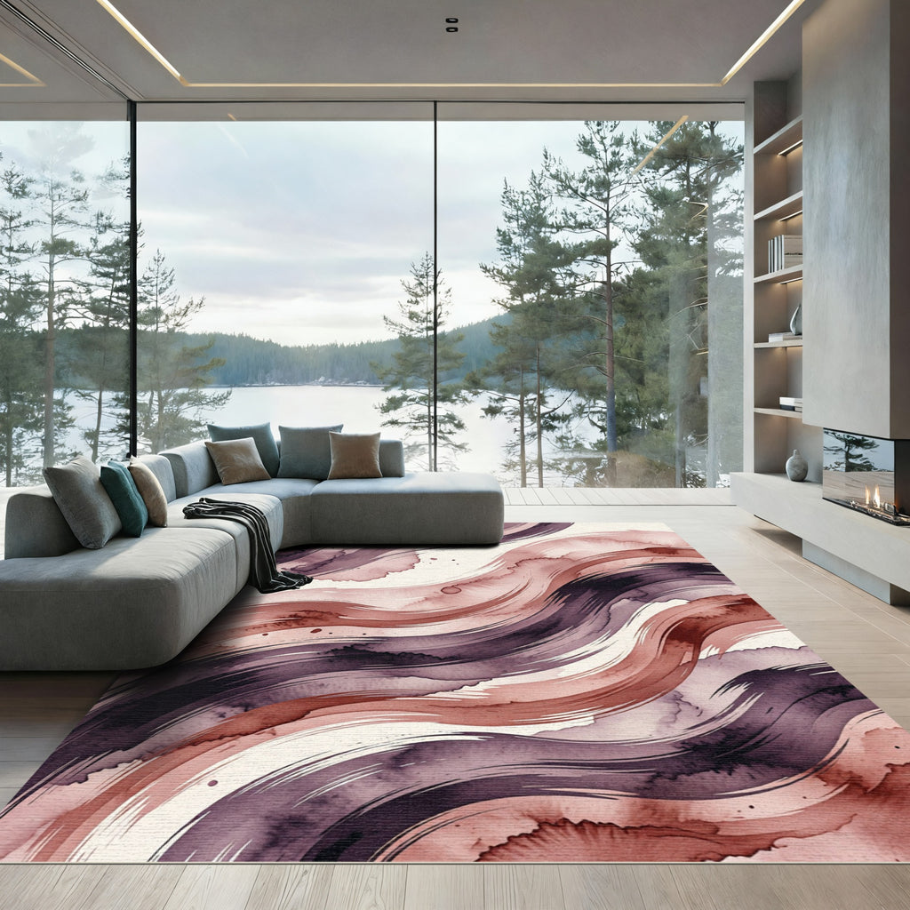 Elegant Abstract Burgundy Ink Wave Rug