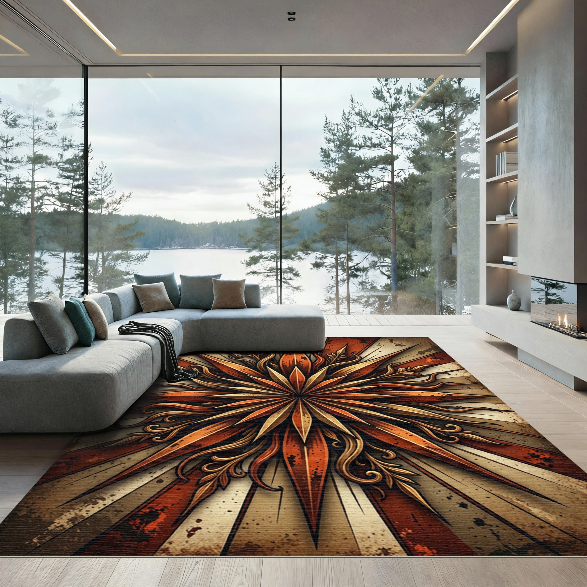 Rustic Copper Sunburst Medallion Rug