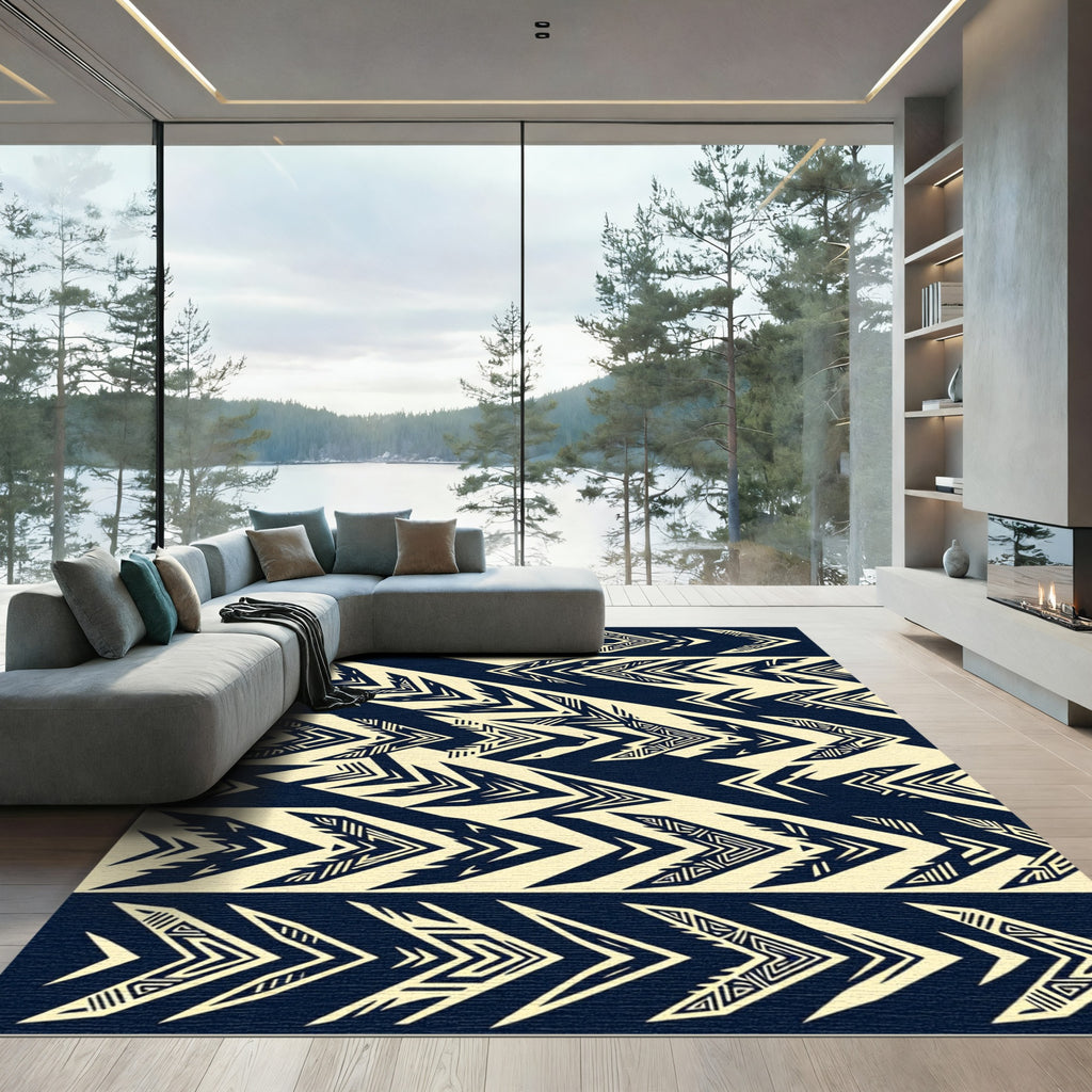 Navy Cream Geometric Chevron Graphic Rug