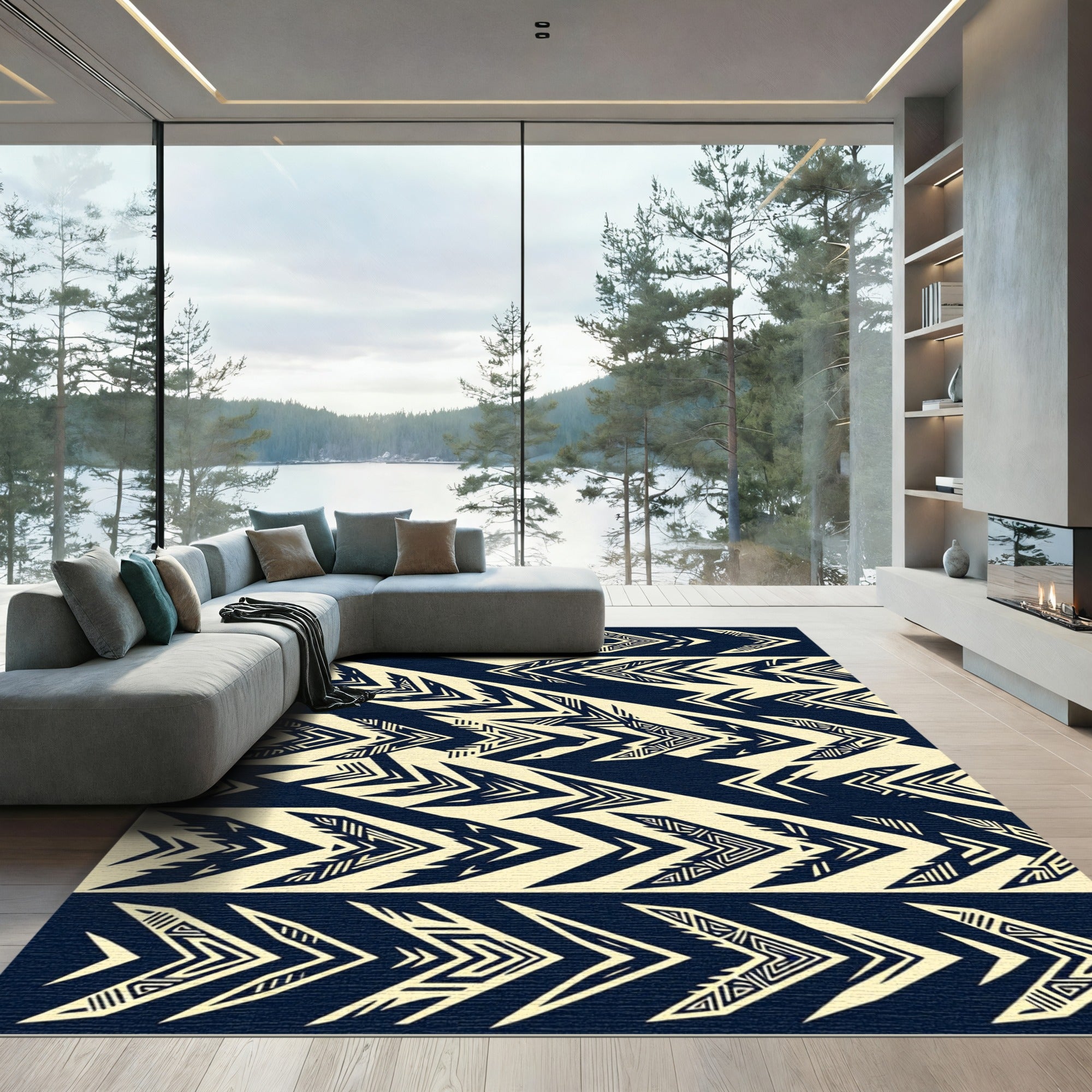 Navy Cream Geometric Chevron Graphic Rug