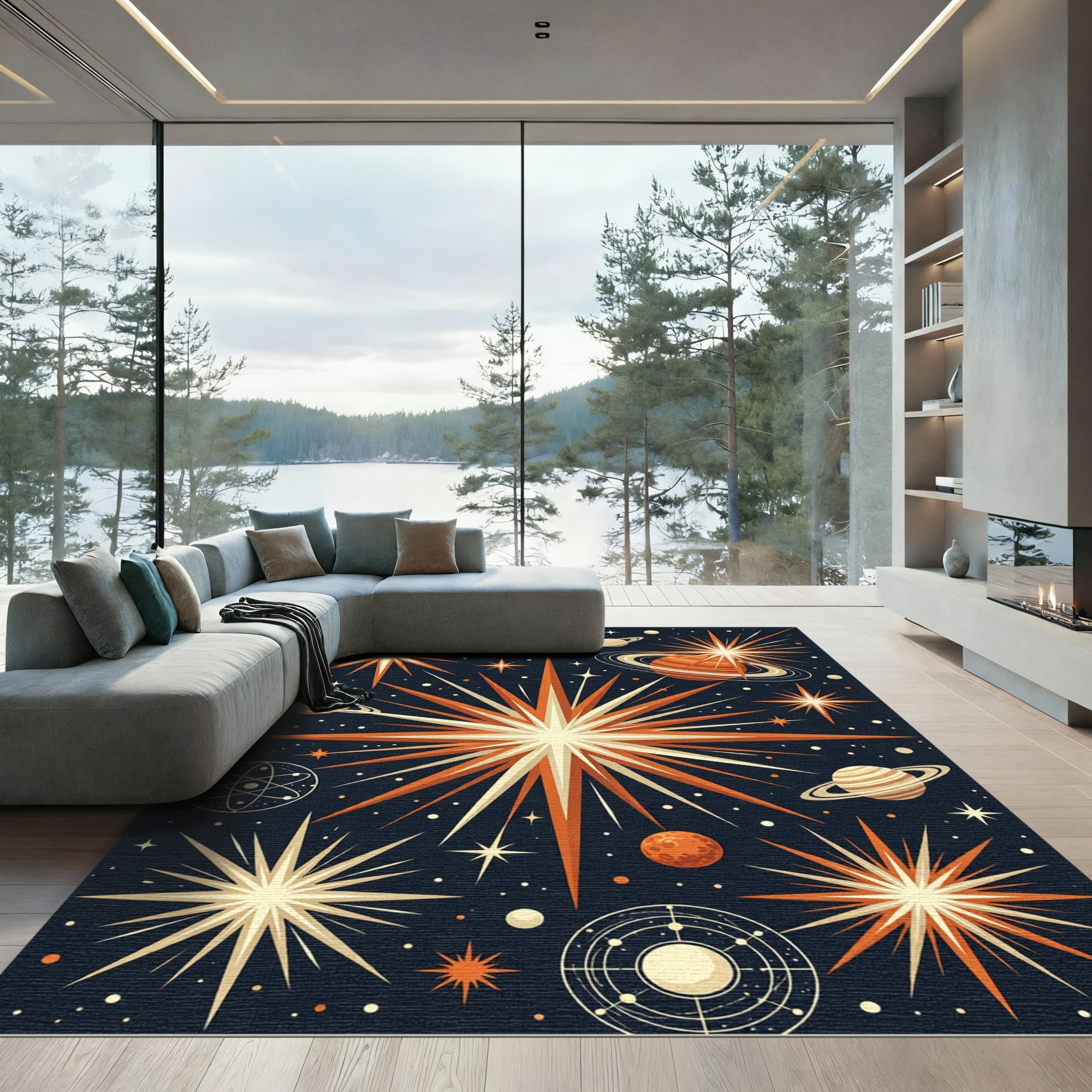 Celestial Mid Century Retro Starry Night Rug