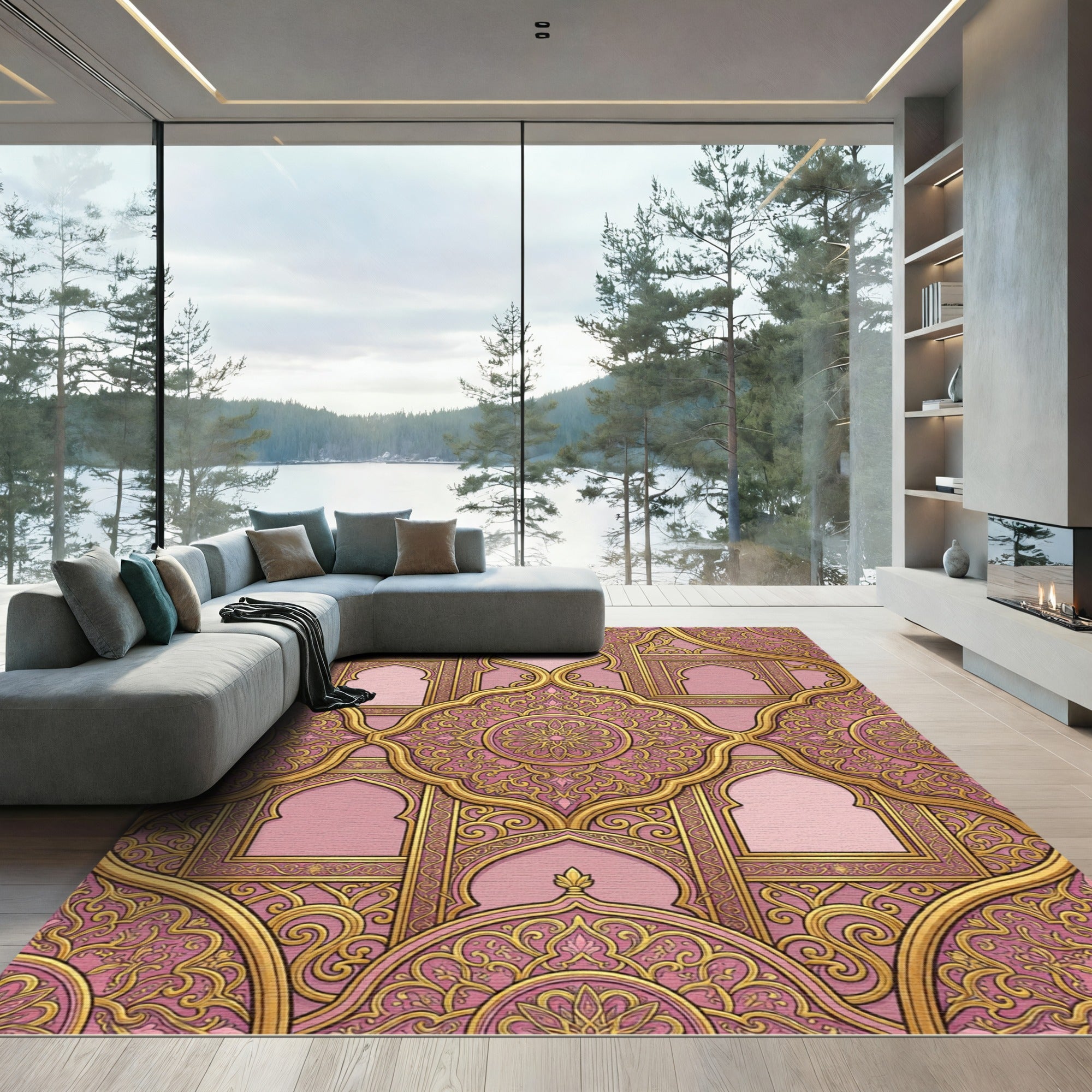 Gold Damask Filigree Pink Medallion Rug