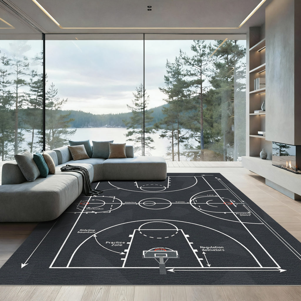 Minimalist Graphite Basketball Court Line Art Rug